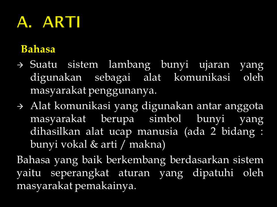 A. ARTI Bahasa. Suatu sistem lambang bunyi ujaran yang digunakan sebagai alat komunikasi oleh masyarakat penggunanya.
