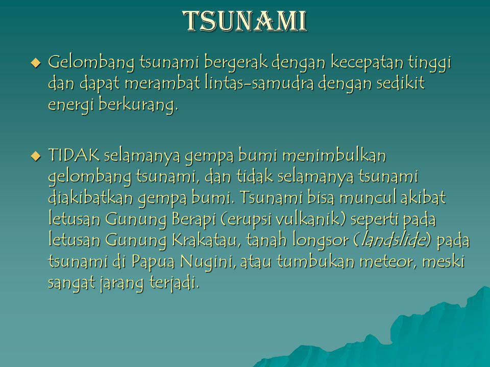 TSUNAMI Gelombang tsunami bergerak dengan kecepatan tinggi dan dapat merambat lintas-samudra dengan sedikit energi berkurang.