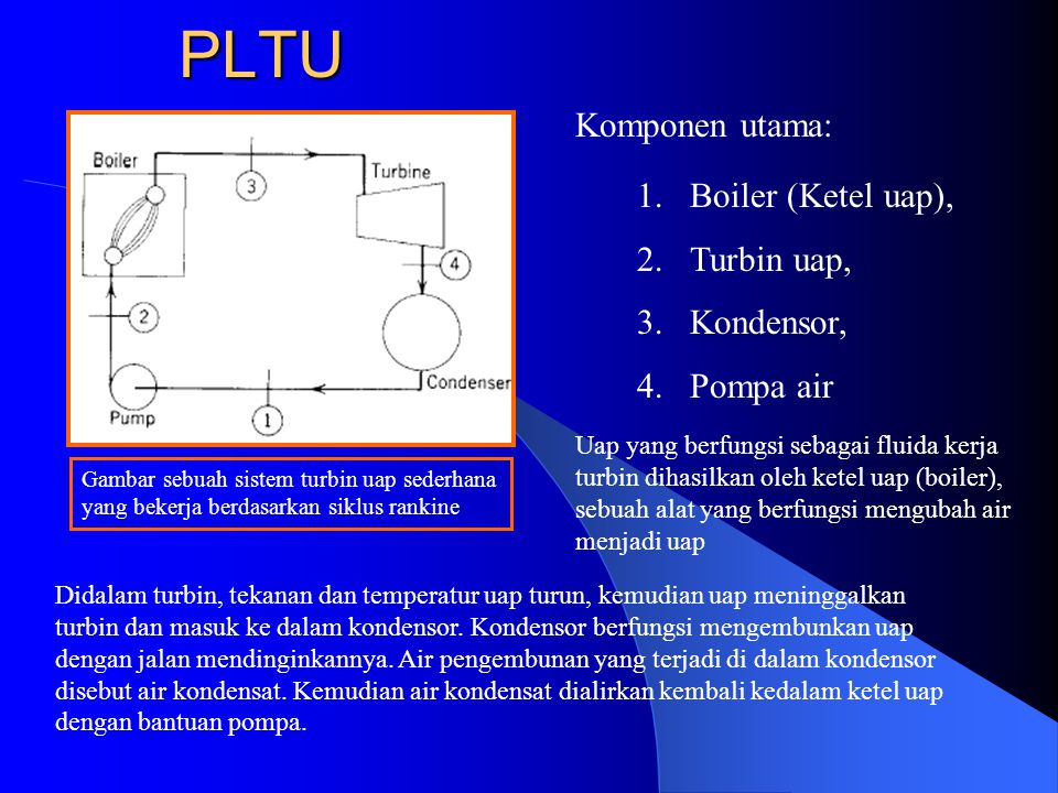 PLTU Komponen utama: Boiler (Ketel uap), Turbin uap, Kondensor,