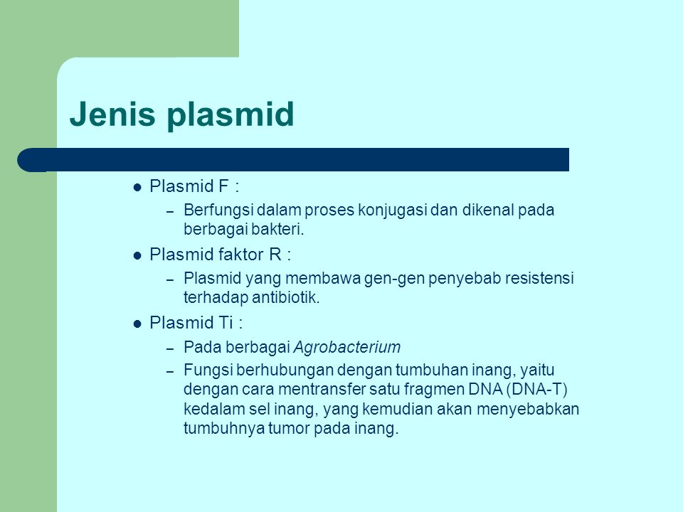 Jenis plasmid Plasmid F : Plasmid faktor R : Plasmid Ti :