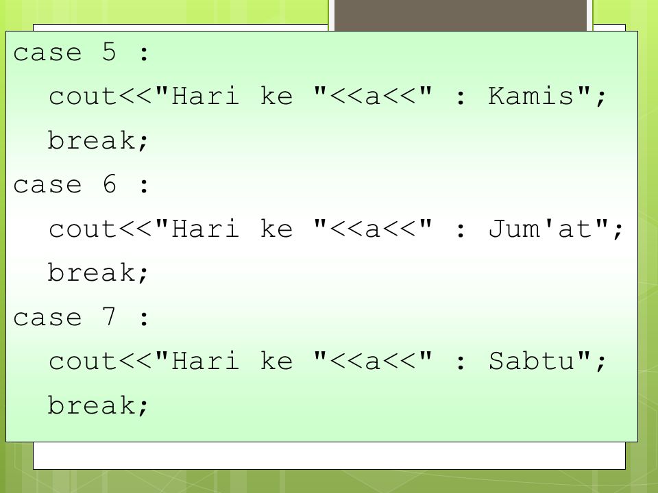 case 5 : cout<< Hari ke <<a<< : Kamis ; break; case 6 : cout<< Hari ke <<a<< : Jum at ; case 7 :