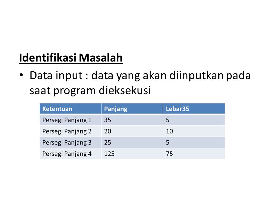 Identifikasi Masalah Data input : data yang akan diinputkan pada saat program dieksekusi