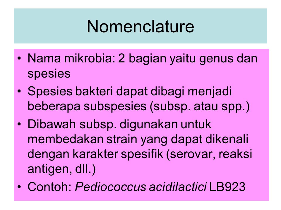 Nomenclature Nama mikrobia: 2 bagian yaitu genus dan spesies