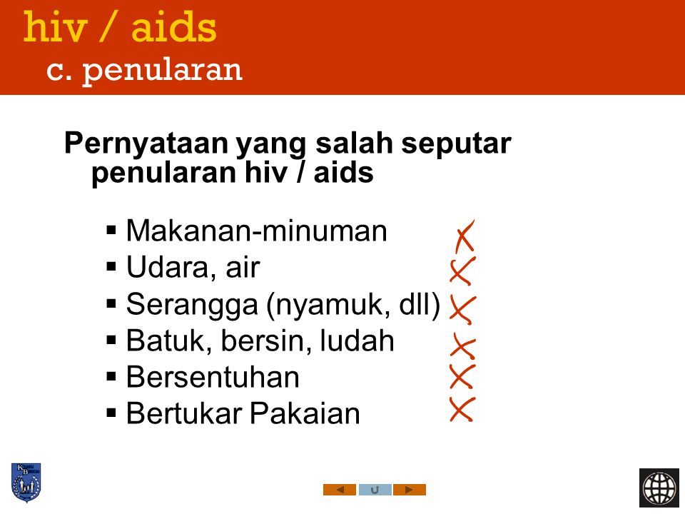 hiv / aids c. penularan Pernyataan yang salah seputar penularan hiv / aids. Makanan-minuman. Udara, air.