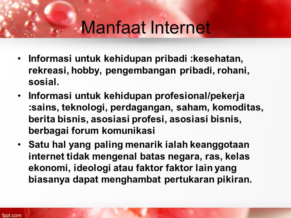 Manfaat Internet Informasi untuk kehidupan pribadi :kesehatan, rekreasi, hobby, pengembangan pribadi, rohani, sosial.