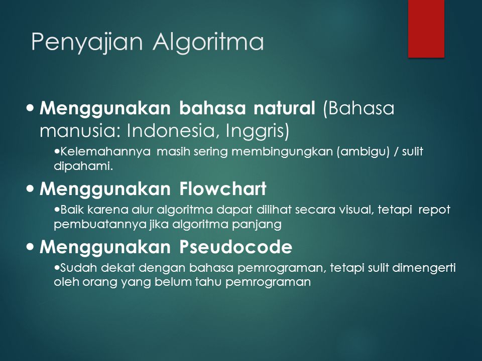 Penyajian Algoritma Menggunakan bahasa natural (Bahasa manusia: Indonesia, Inggris)