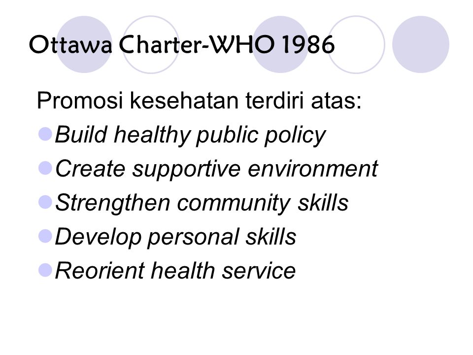 Ottawa Charter-WHO 1986 Promosi kesehatan terdiri atas: