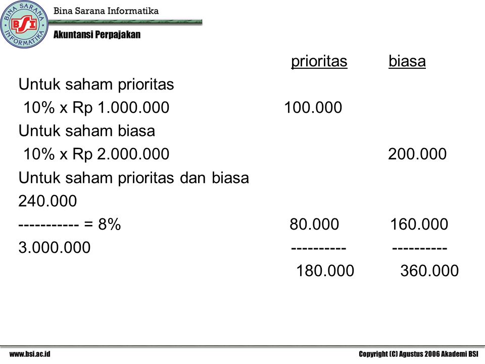 prioritas biasa Untuk saham prioritas. 10% x Rp