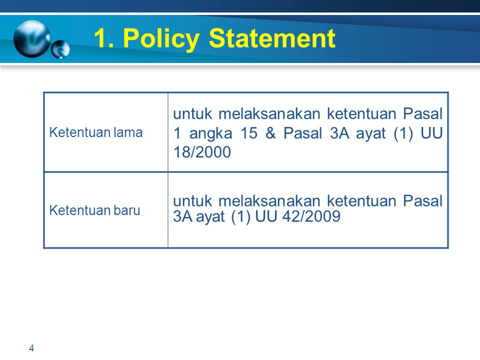 1. Policy Statement Ketentuan lama. untuk melaksanakan ketentuan Pasal 1 angka 15 & Pasal 3A ayat (1) UU 18/2000.