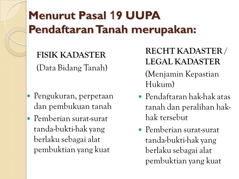 Menurut Pasal 19 UUPA Pendaftaran Tanah merupakan: