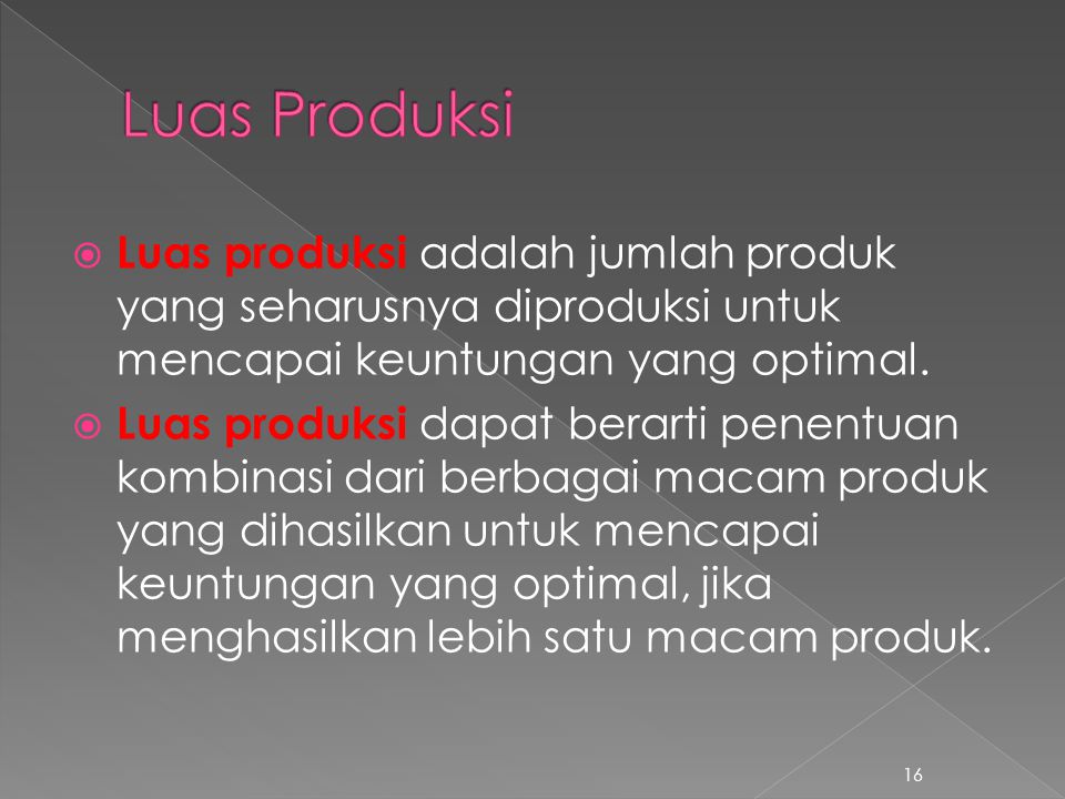 Luas Produksi Luas produksi adalah jumlah produk yang seharusnya diproduksi untuk mencapai keuntungan yang optimal.
