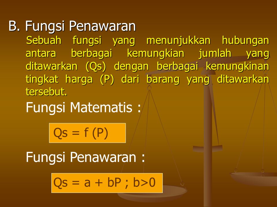 B. Fungsi Penawaran Fungsi Matematis : Qs = f (P) Fungsi Penawaran :