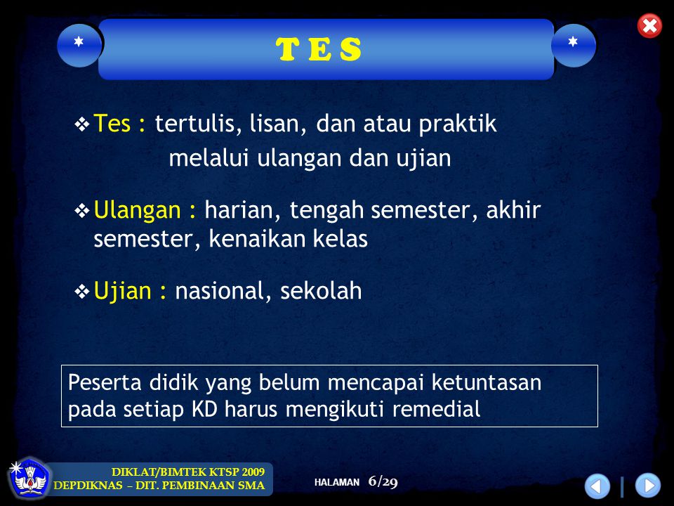 T E S Tes : tertulis, lisan, dan atau praktik