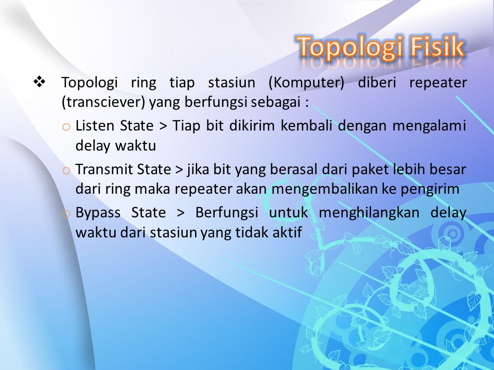 Topologi Fisik Topologi ring tiap stasiun (Komputer) diberi repeater (transciever) yang berfungsi sebagai :