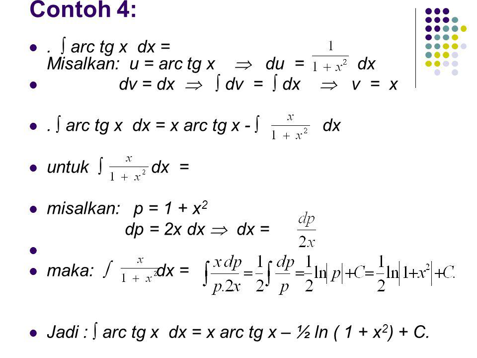 Contoh 4: . ∫ arc tg x dx = Misalkan: u = arc tg x  du = dx