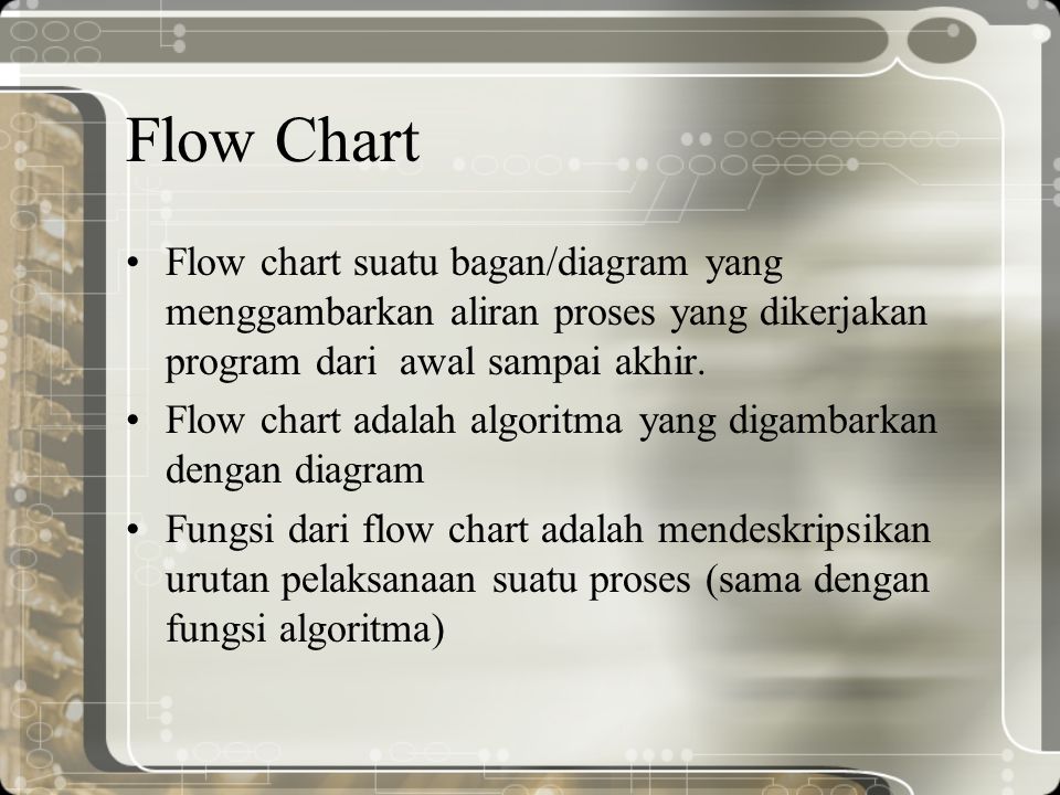 Flow Chart Flow chart suatu bagan/diagram yang menggambarkan aliran proses yang dikerjakan program dari awal sampai akhir.