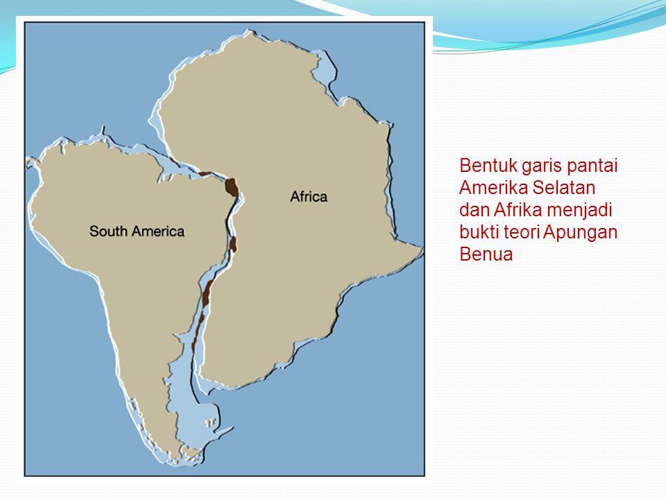 Bentuk garis pantai Amerika Selatan dan Afrika menjadi bukti teori Apungan Benua