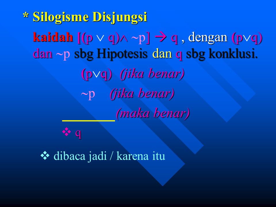 * Silogisme Disjungsi kaidah [(p  q) p]  q , dengan (pq) dan p sbg Hipotesis dan q sbg konklusi.