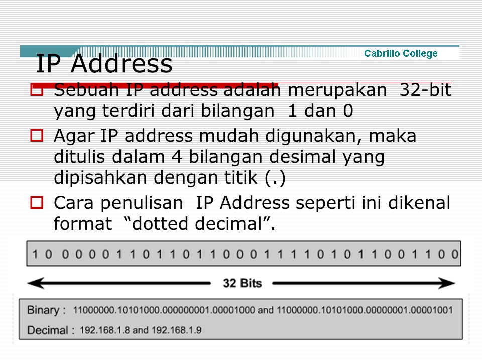 IP Address Sebuah IP address adalah merupakan 32-bit yang terdiri dari bilangan 1 dan 0.