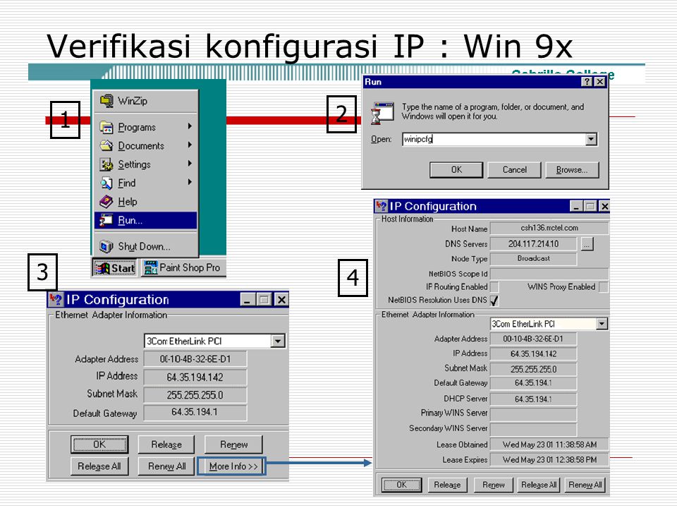 Verifikasi konfigurasi IP : Win 9x