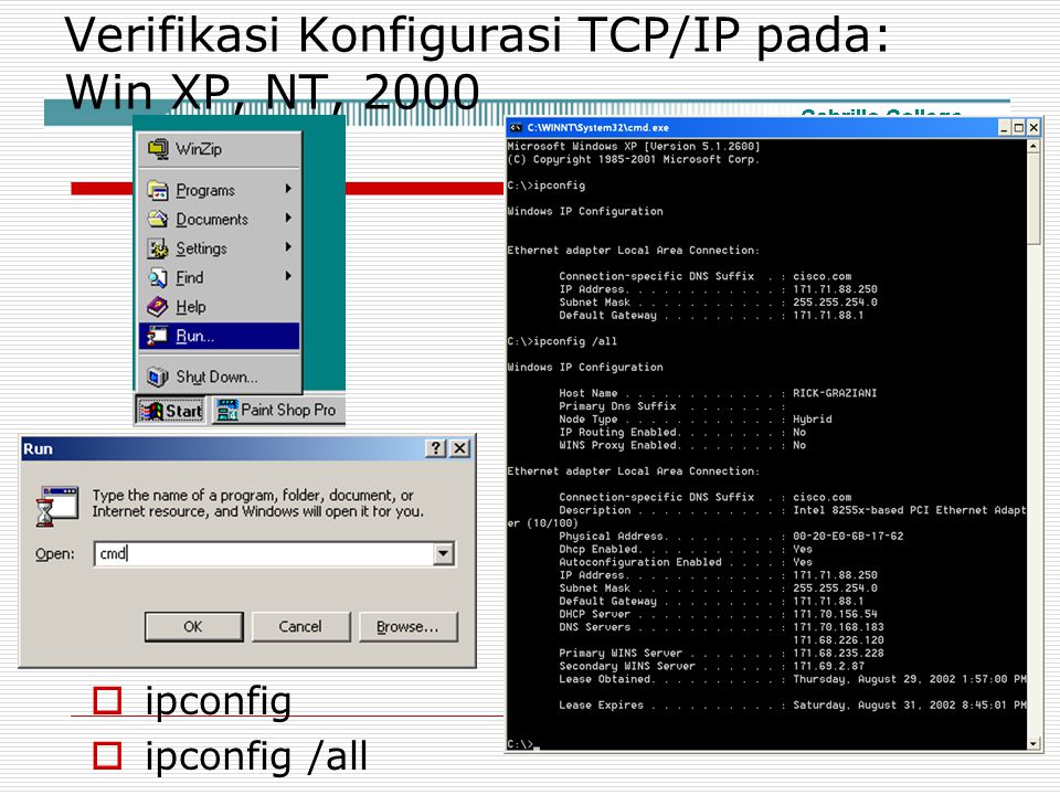 Verifikasi Konfigurasi TCP/IP pada: Win XP, NT, 2000