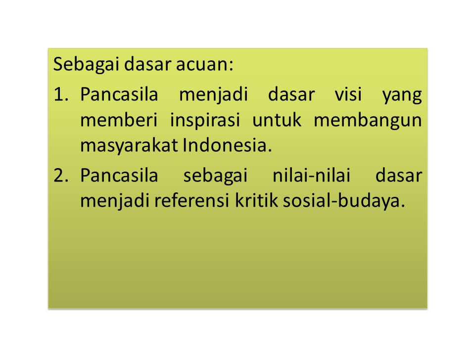 Sebagai dasar acuan: Pancasila menjadi dasar visi yang memberi inspirasi untuk membangun masyarakat Indonesia.