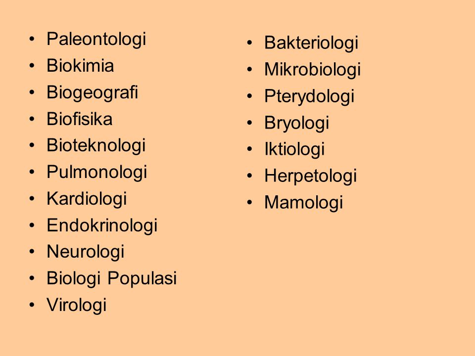 Paleontologi Biokimia. Biogeografi. Biofisika. Bioteknologi. Pulmonologi. Kardiologi. Endokrinologi.