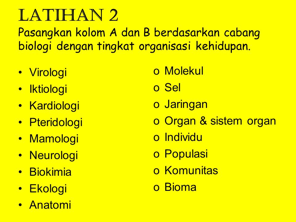 LATIHAN 2 Pasangkan kolom A dan B berdasarkan cabang biologi dengan tingkat organisasi kehidupan.