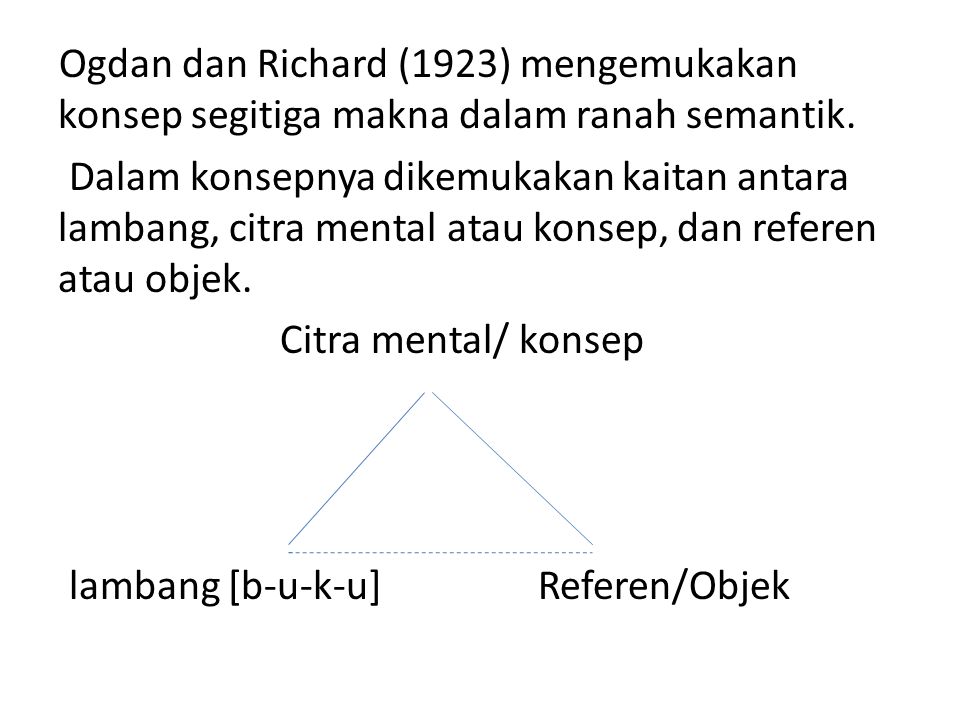 Ogdan dan Richard (1923) mengemukakan konsep segitiga makna dalam ranah semantik.