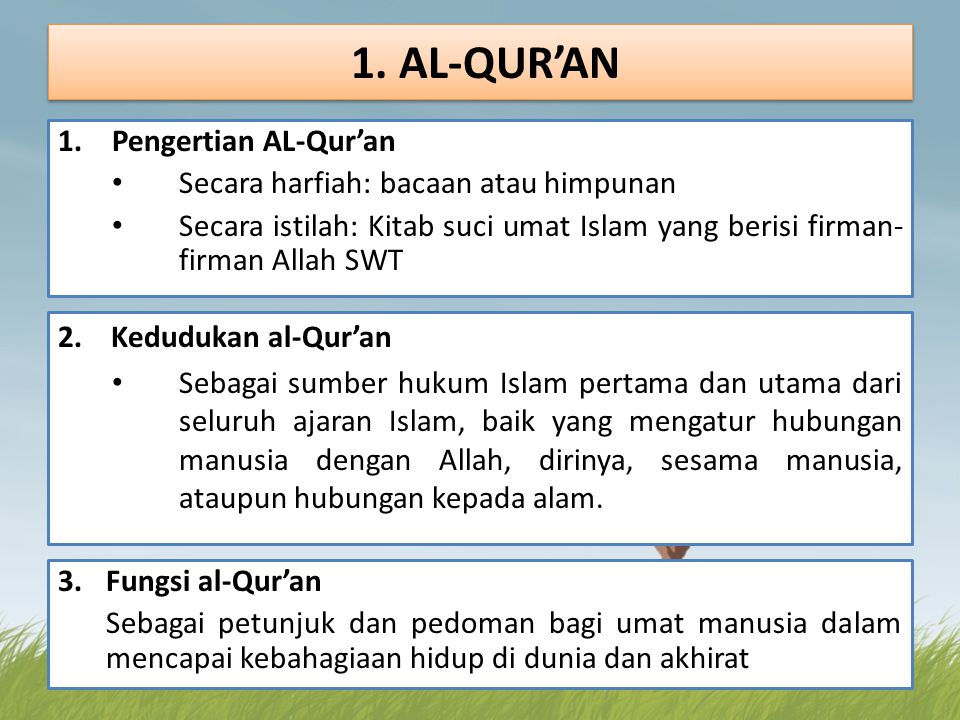 1. AL-QUR’AN Pengertian AL-Qur’an Secara harfiah: bacaan atau himpunan