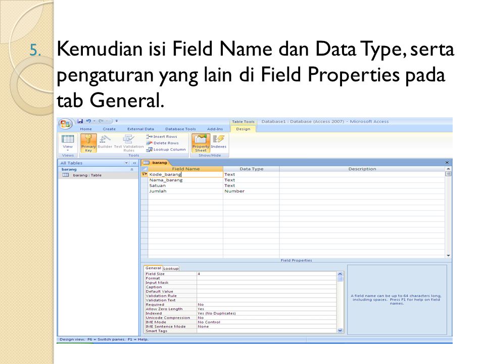 Kemudian isi Field Name dan Data Type, serta pengaturan yang lain di Field Properties pada tab General.