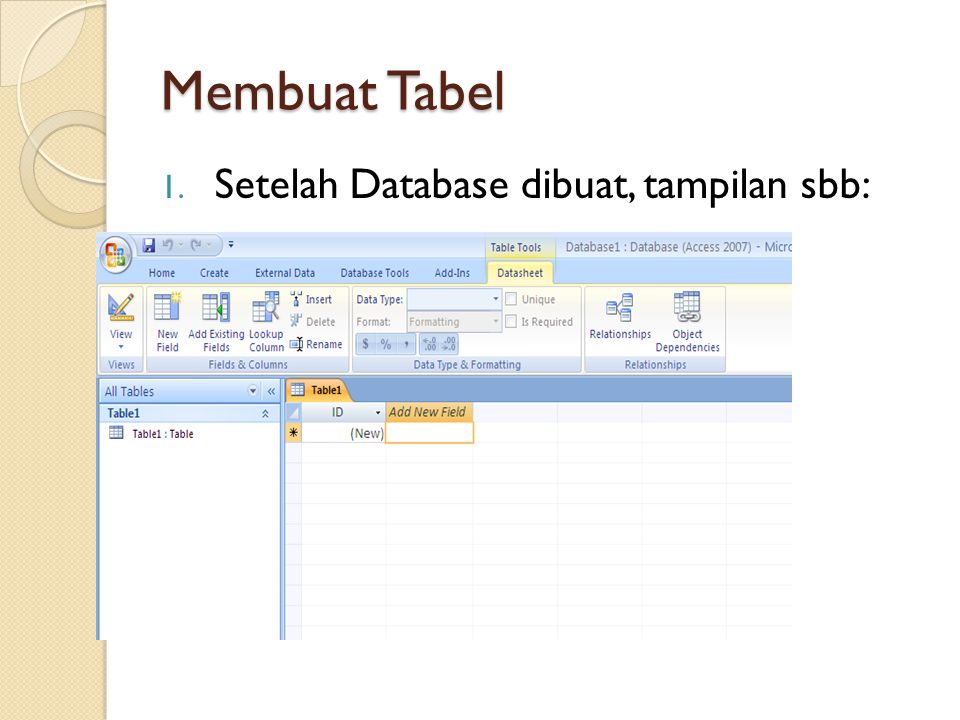 Membuat Tabel Setelah Database dibuat, tampilan sbb: