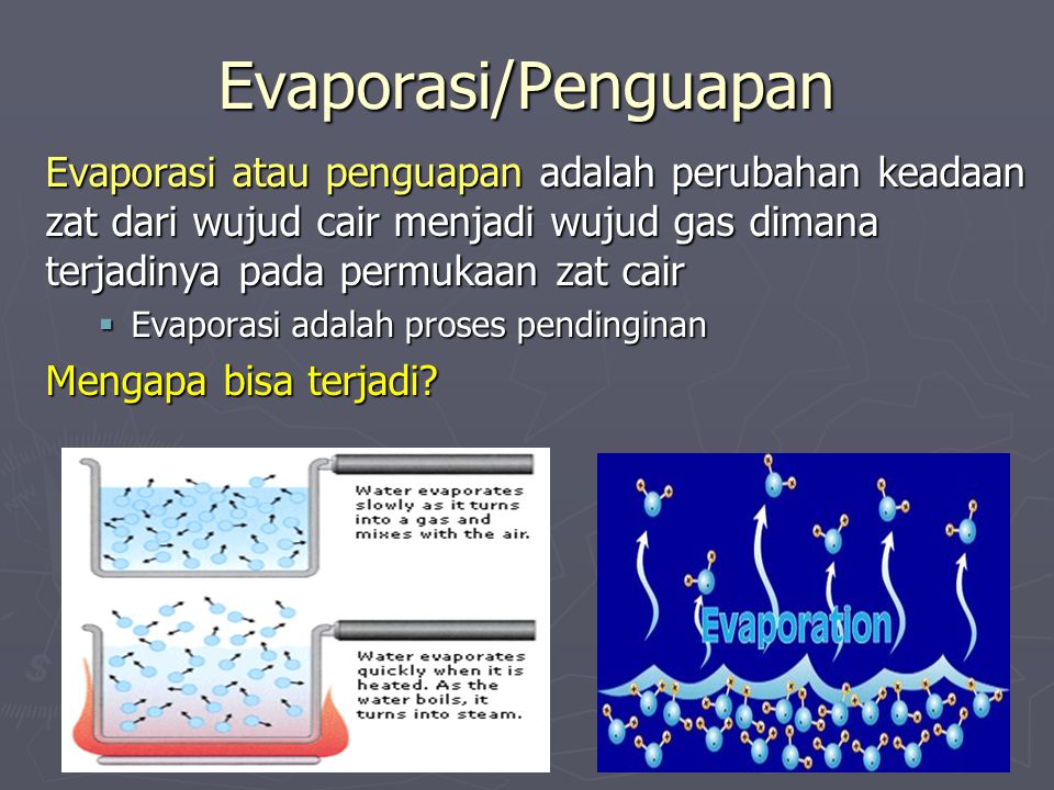 Evaporasi/Penguapan Evaporasi atau penguapan adalah perubahan keadaan zat dari wujud cair menjadi wujud gas dimana terjadinya pada permukaan zat cair.