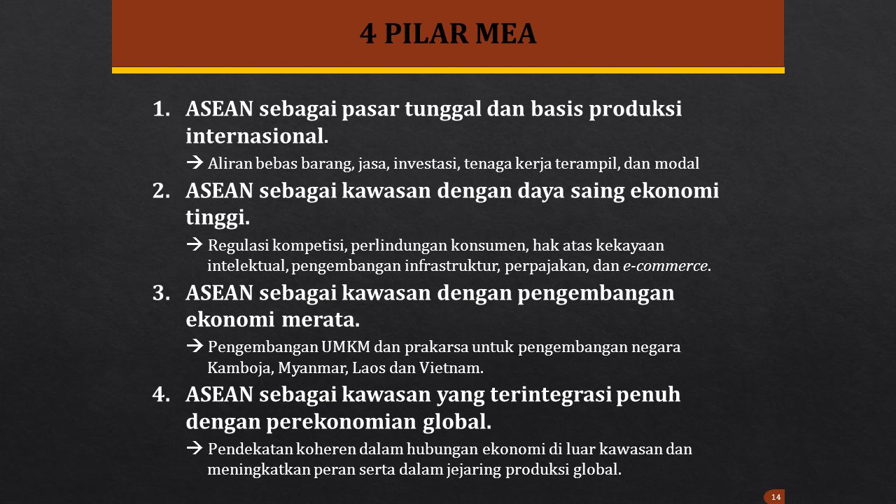 4 PILAR MEA ASEAN sebagai pasar tunggal dan basis produksi internasional.  Aliran bebas barang, jasa, investasi, tenaga kerja terampil, dan modal.