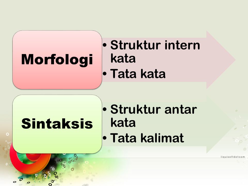Morfologi Sintaksis Struktur intern kata Tata kata Struktur antar kata