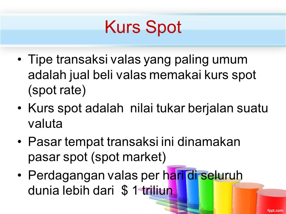 Kurs Spot Tipe transaksi valas yang paling umum adalah jual beli valas memakai kurs spot (spot rate)