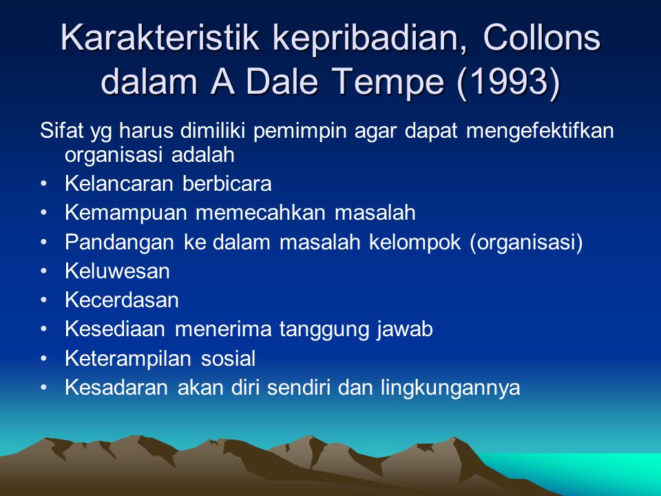 Karakteristik kepribadian, Collons dalam A Dale Tempe (1993)