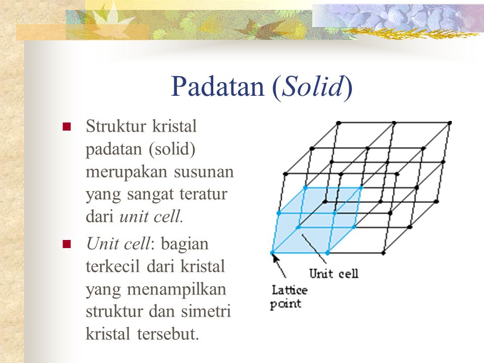 Padatan (Solid) Struktur kristal padatan (solid) merupakan susunan yang sangat teratur dari unit cell.