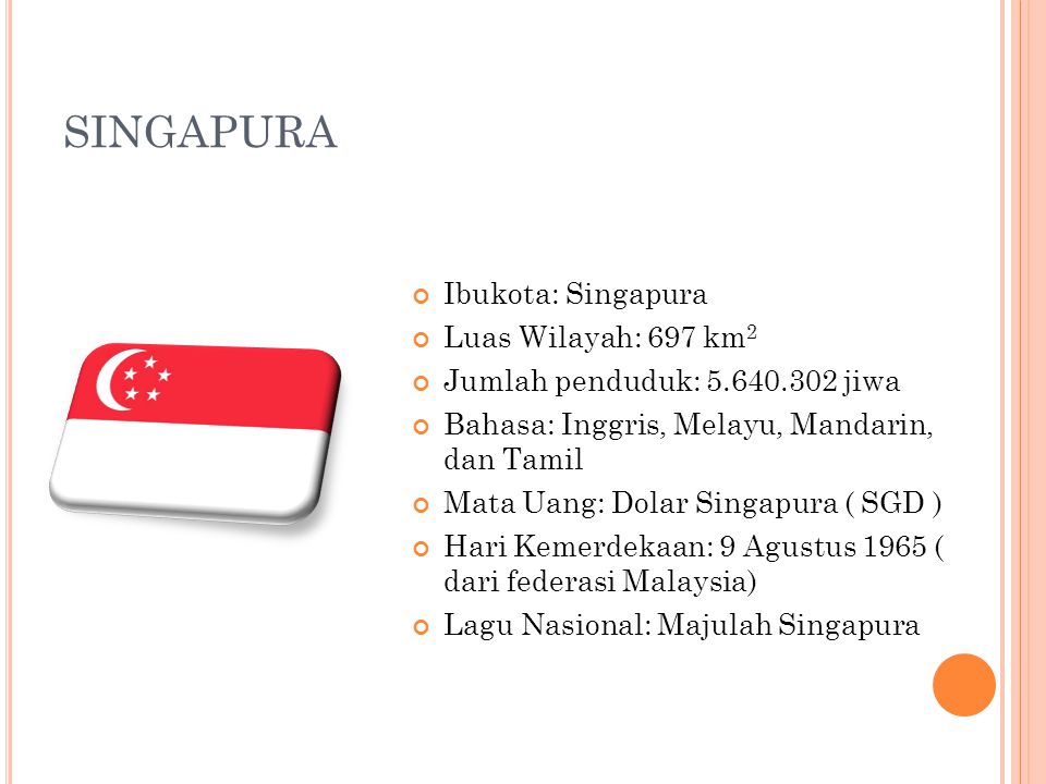 SINGAPURA Ibukota: Singapura Luas Wilayah: 697 km2