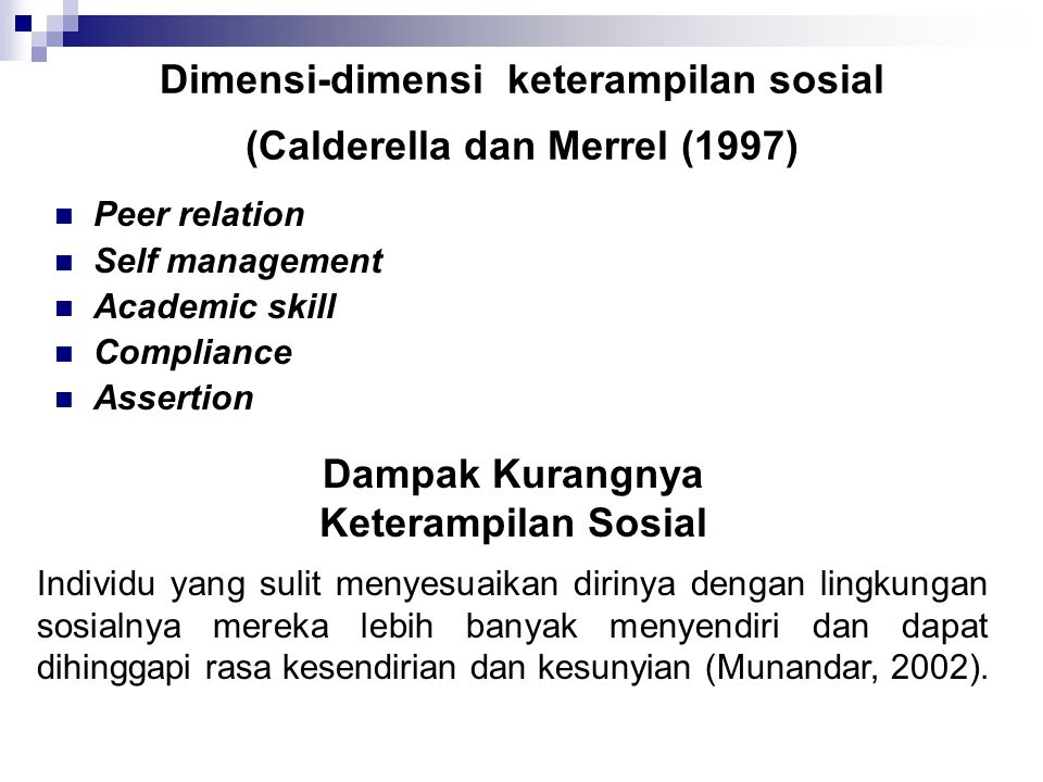Dimensi-dimensi keterampilan sosial (Calderella dan Merrel (1997)