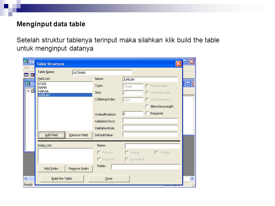 Menginput data table Setelah struktur tablenya terinput maka silahkan klik build the table untuk menginput datanya.