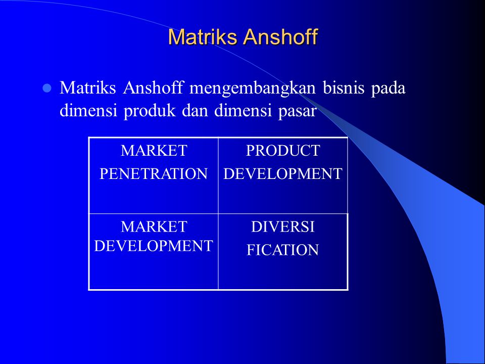 Matriks Anshoff Matriks Anshoff mengembangkan bisnis pada dimensi produk dan dimensi pasar. MARKET.