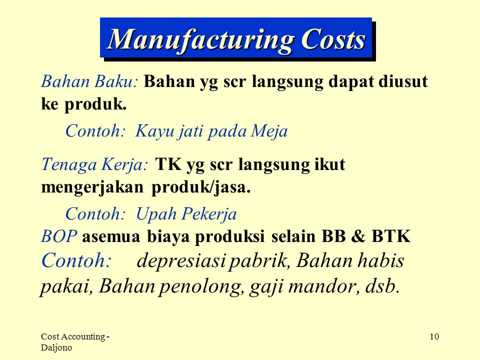 Manufacturing Costs Bahan Baku: Bahan yg scr langsung dapat diusut ke produk. Contoh: Kayu jati pada Meja.