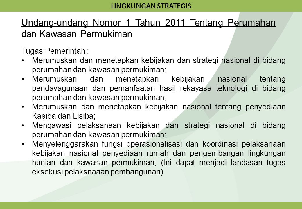 LINGKUNGAN STRATEGIS Undang-undang Nomor 1 Tahun 2011 Tentang Perumahan dan Kawasan Permukiman. Tugas Pemerintah :