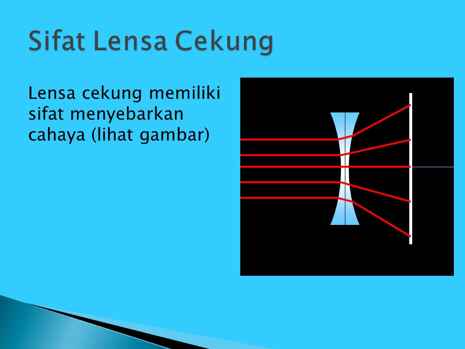 Sifat Lensa Cekung Lensa cekung memiliki sifat menyebarkan cahaya (lihat gambar)