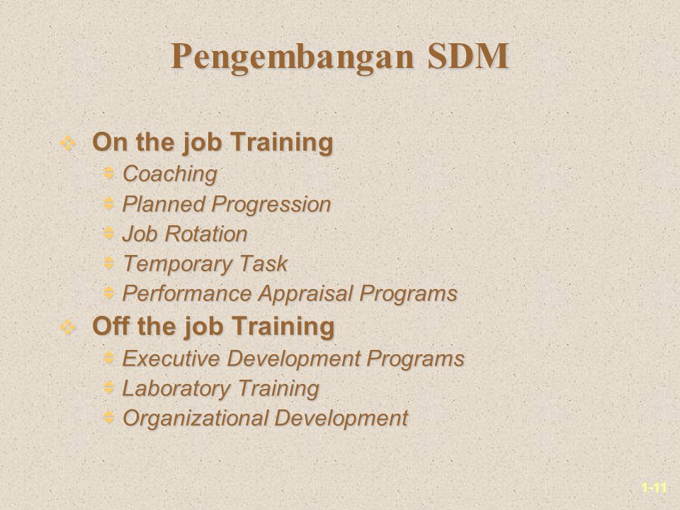 Pengembangan SDM On the job Training Off the job Training Coaching