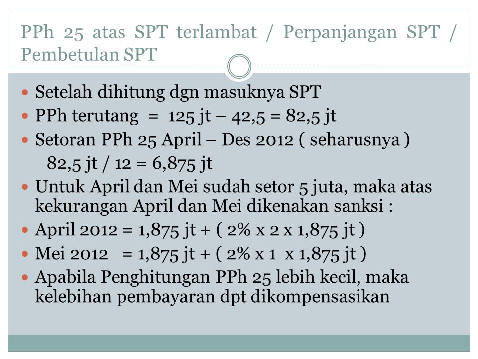 PPh 25 atas SPT terlambat / Perpanjangan SPT / Pembetulan SPT
