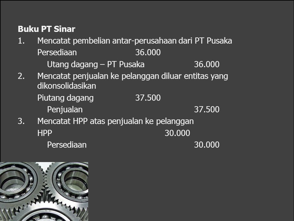 Buku PT Sinar Mencatat pembelian antar-perusahaan dari PT Pusaka. Persediaan Utang dagang – PT Pusaka
