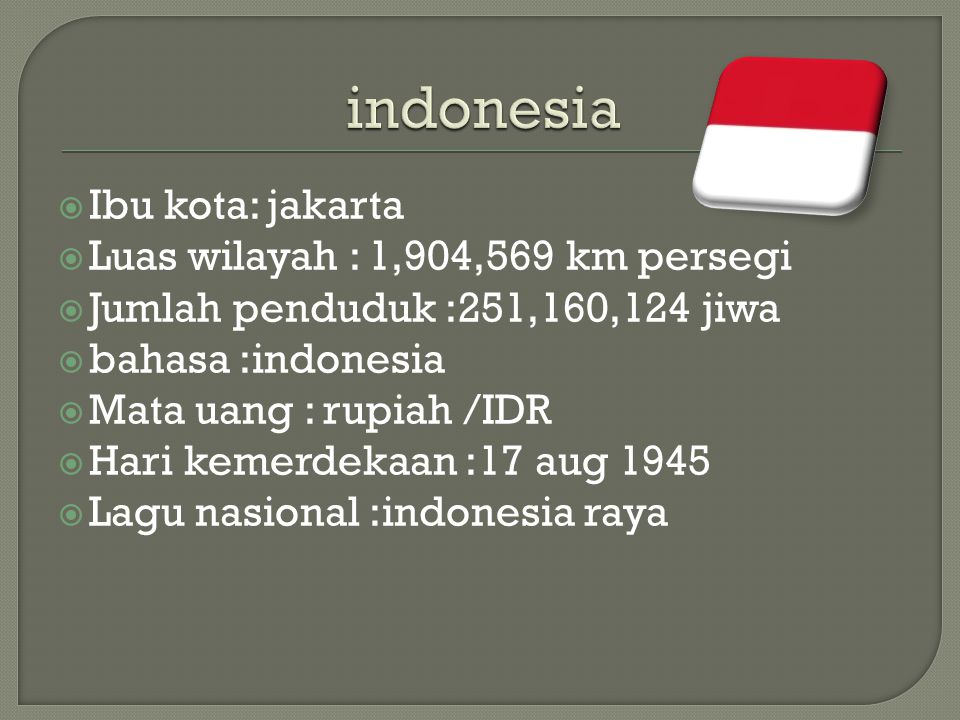 indonesia Ibu kota: jakarta Luas wilayah : 1,904,569 km persegi