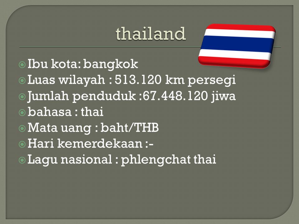 thailand Ibu kota: bangkok Luas wilayah : km persegi